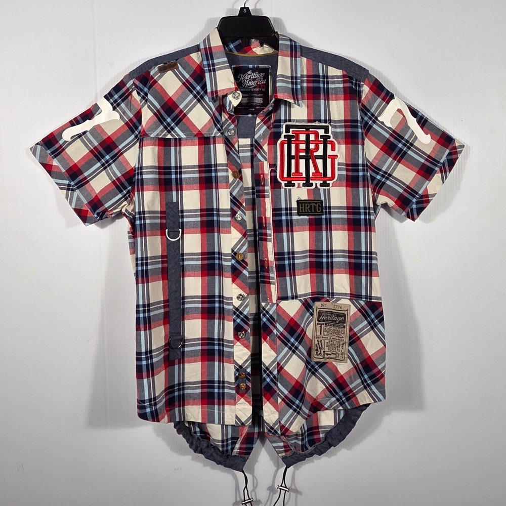 Heritage America 1776 Mens XL Plaid Short Sleeve Button Down Shirt Graphic Patch